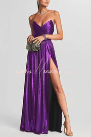 Metallic Pleated Off-Shoulder Maxi Dress with Thigh-High Slit