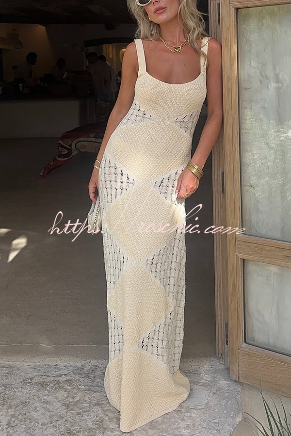 Robe longue tricotée dos nu à losanges – Coupe ajustée sans manches