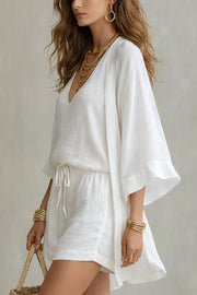 Linen Blend V-Neck Vest Cardigan & Shorts Three-Piece Set