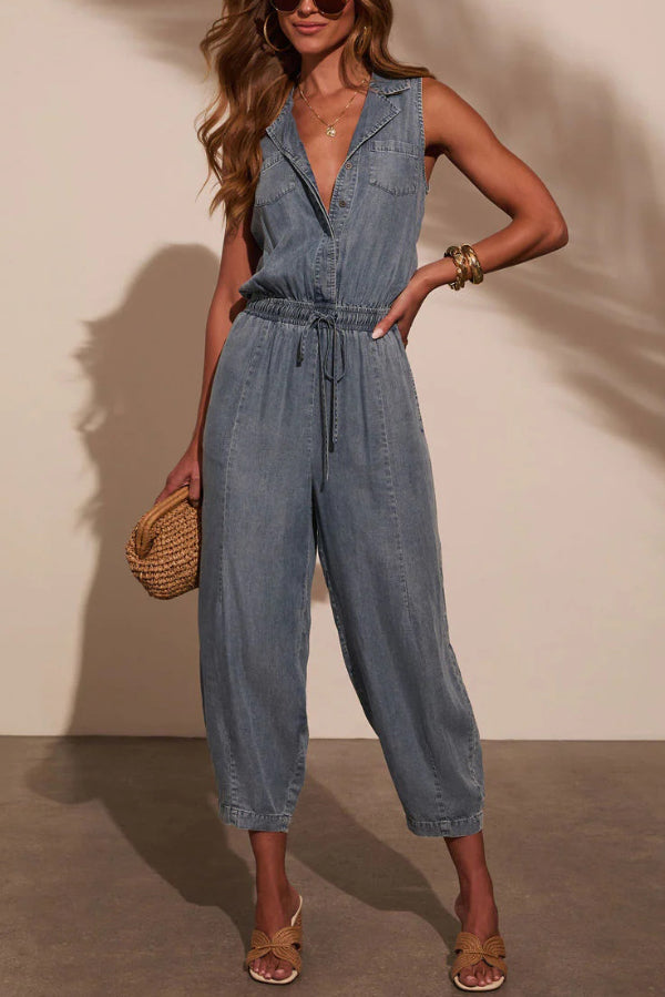 Women's Sleeveless Denim Jumpsuit with Elastic Waist & Pockets