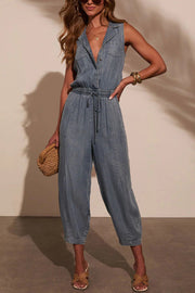 Women's Sleeveless Denim Jumpsuit with Elastic Waist & Pockets