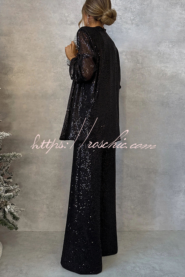 Sequin Wide Leg Pants High Rise Elastic Waist Party