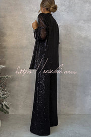 Sequin Wide Leg Pants High Rise Elastic Waist Party
