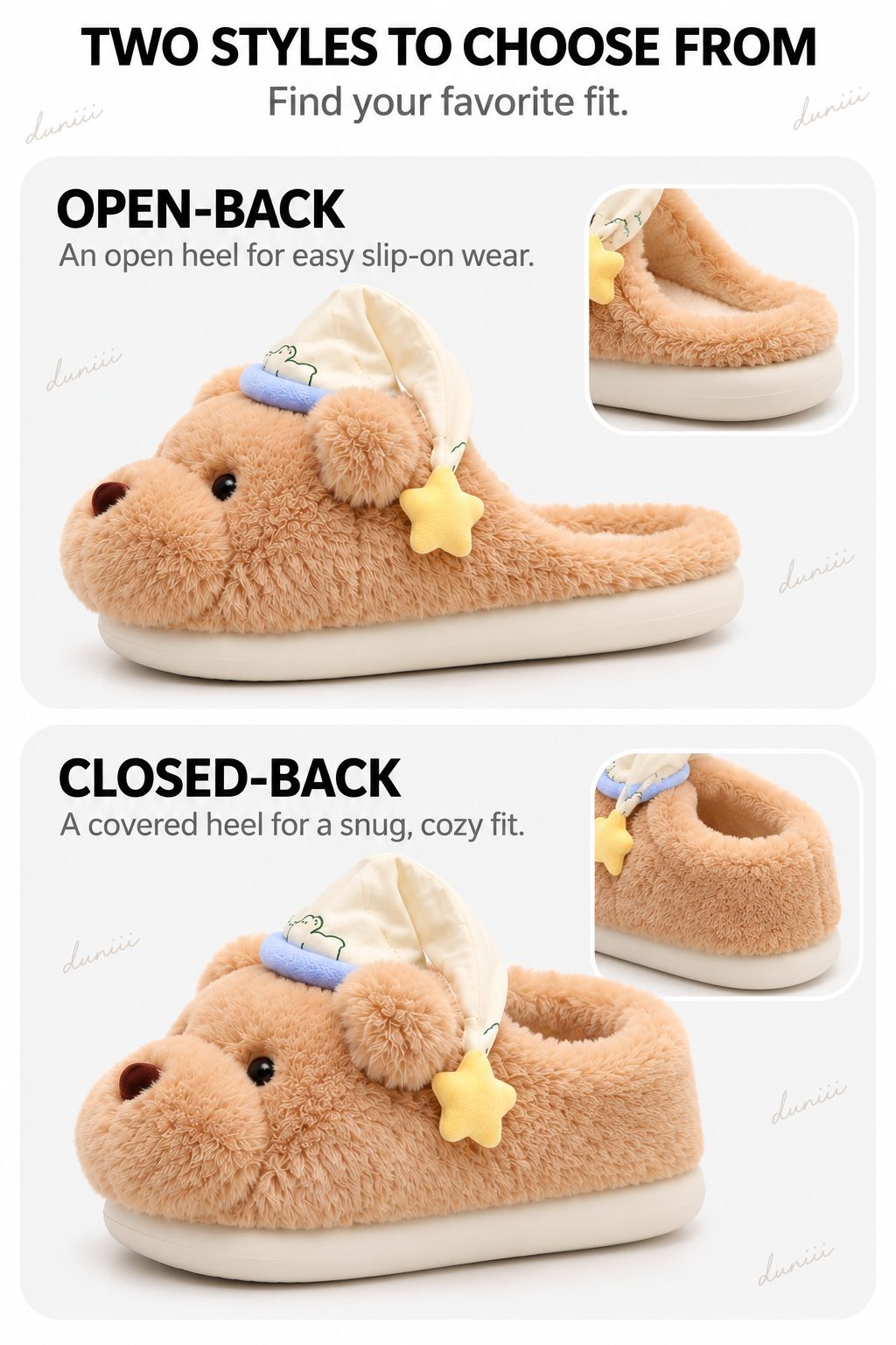 Duniii Plush Bear Face Slippers with Star Accents