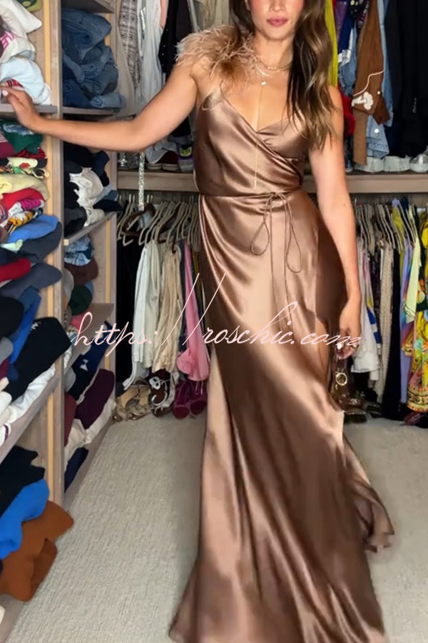 Satin Feather Trim Maxi Dress with V-Neck Slit & Tie Waist