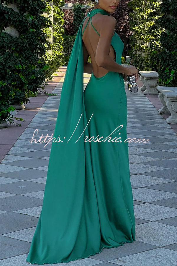 Satin One Shoulder Backless Cape Maxi Dress
