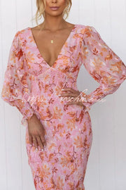 Floral Smocked Waist Long Sleeve Midi Dress