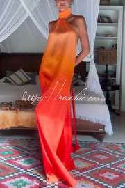Gradient Print High Neck Backless Tie-Up Maxi Dress