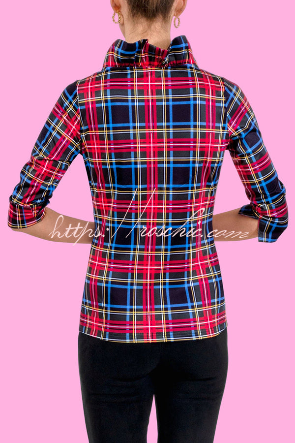 Holiday Plaid Ruffle Stand Neck Blouse – Loose Fit