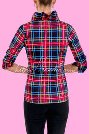 Holiday Plaid Ruffle Stand Neck Blouse – Loose Fit