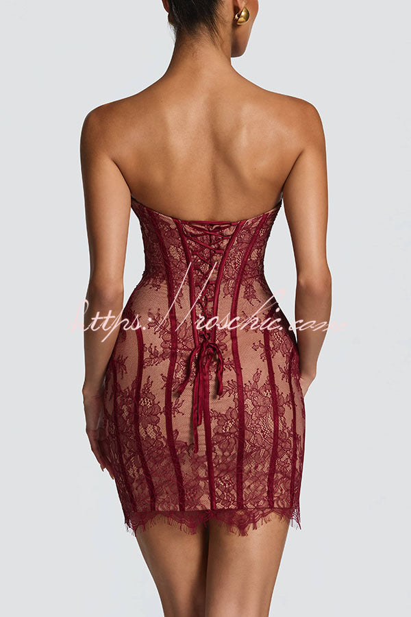 Floral Lace Strapless Mini Dress with Lace-Up Back