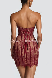 Floral Lace Strapless Mini Dress with Lace-Up Back