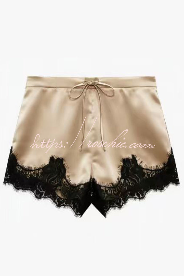 Satin Lace-Trim Drawstring Shorts – Loose Fit Vacation