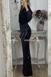 Sequin Wide Leg Pants High Rise Elastic Waist Party