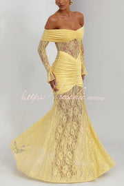 Off-Shoulder Lace Maxi Dress – Slim-Fit Long Sleeve