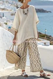Linen Blend Printed Half Sleeve Top & Loose Pants Set
