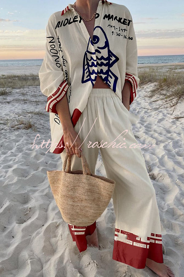 Ocean Print Oversized Shirt & Elastic Waist Pants Set