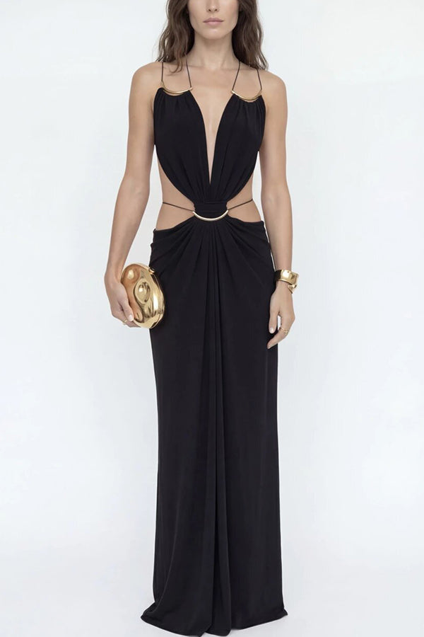 Metal-Link Cutout Back Lace-Up Drape Maxi Dress