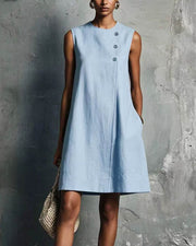 Linen Round Neck Buttons Mini Dress