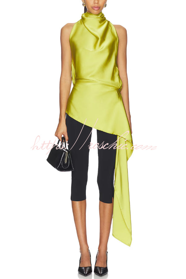 Satin Halter Top with Tie Neck and Open Back, Loose Fit