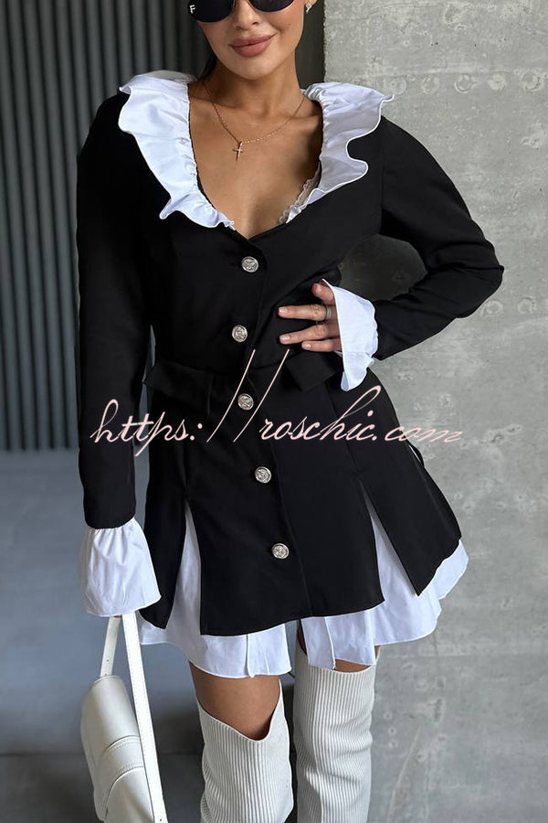 Ruffled Patchwork Blazer Mini Dress – Long Sleeve Shirt Collar