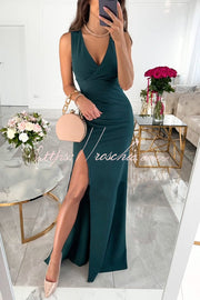 V-Neck Ruched Slit Maxi Dress for Parties