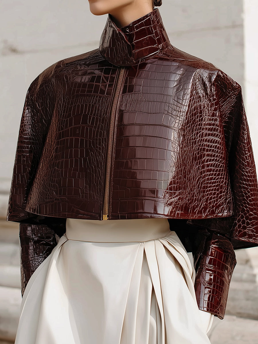 Cape Collar Crocodile Eco-Leather Jacket | Glossy Finish