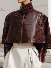 Cape Collar Crocodile Eco-Leather Jacket | Glossy Finish