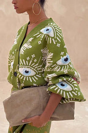 Eye & Heart Pattern Knit Cardigan – Loose Fit Long Sleeve