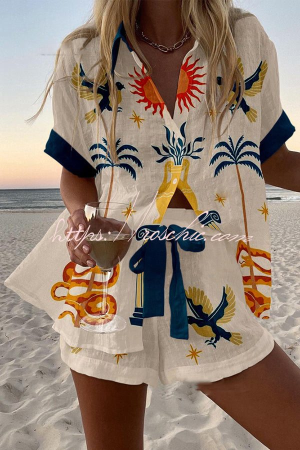 Holiday Print Loose Shorts Set with Button & Elastic Waist