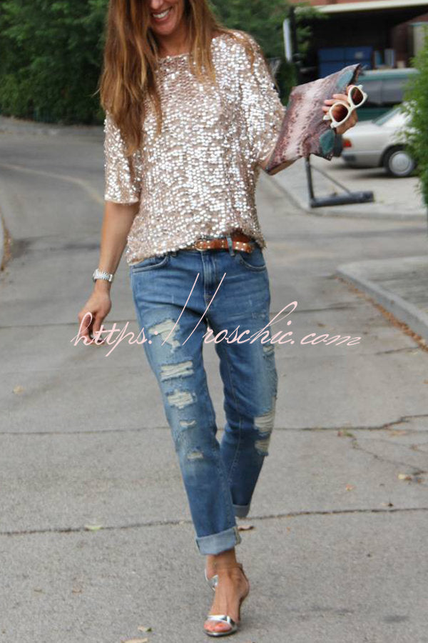 Women's Sequin Loose T-Shirt for Party & Casual Wear