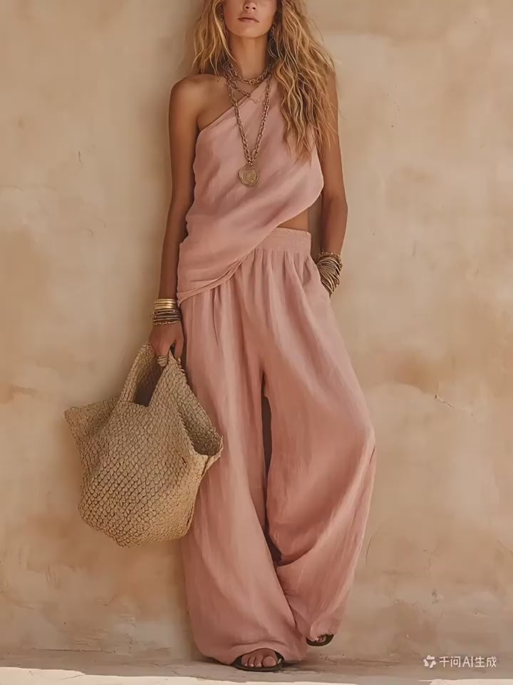 Casual One-Shoulder Ruched Set