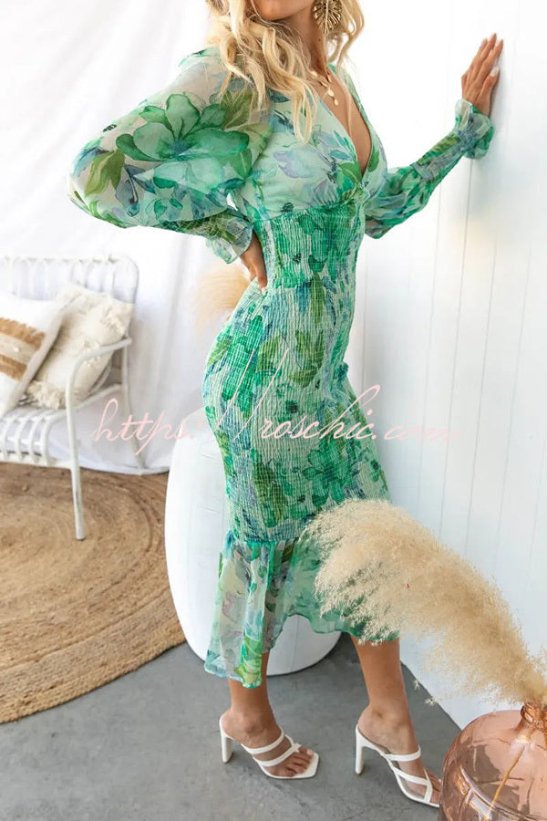 Floral Smocked Waist Long Sleeve Midi Dress