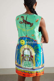 Satin Twill Surreal Summer Print Sleeveless Mini Dress