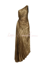 Metallic One Shoulder Pleated Maxi Dress for Parties
