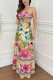 Tropical Print Maxi Dress - Lace-Up V Neck Vacation Dress