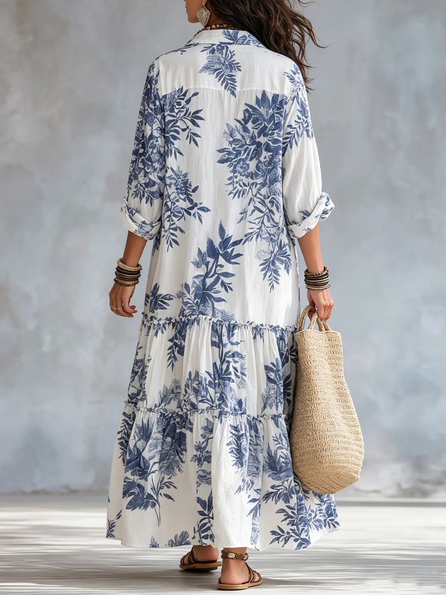 Blue Floral Button-Down Maxi Dress – Boho Vacation Style