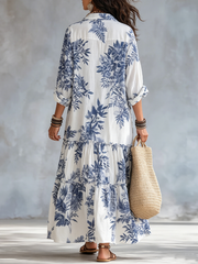 Blue Floral Button-Down Maxi Dress – Boho Vacation Style