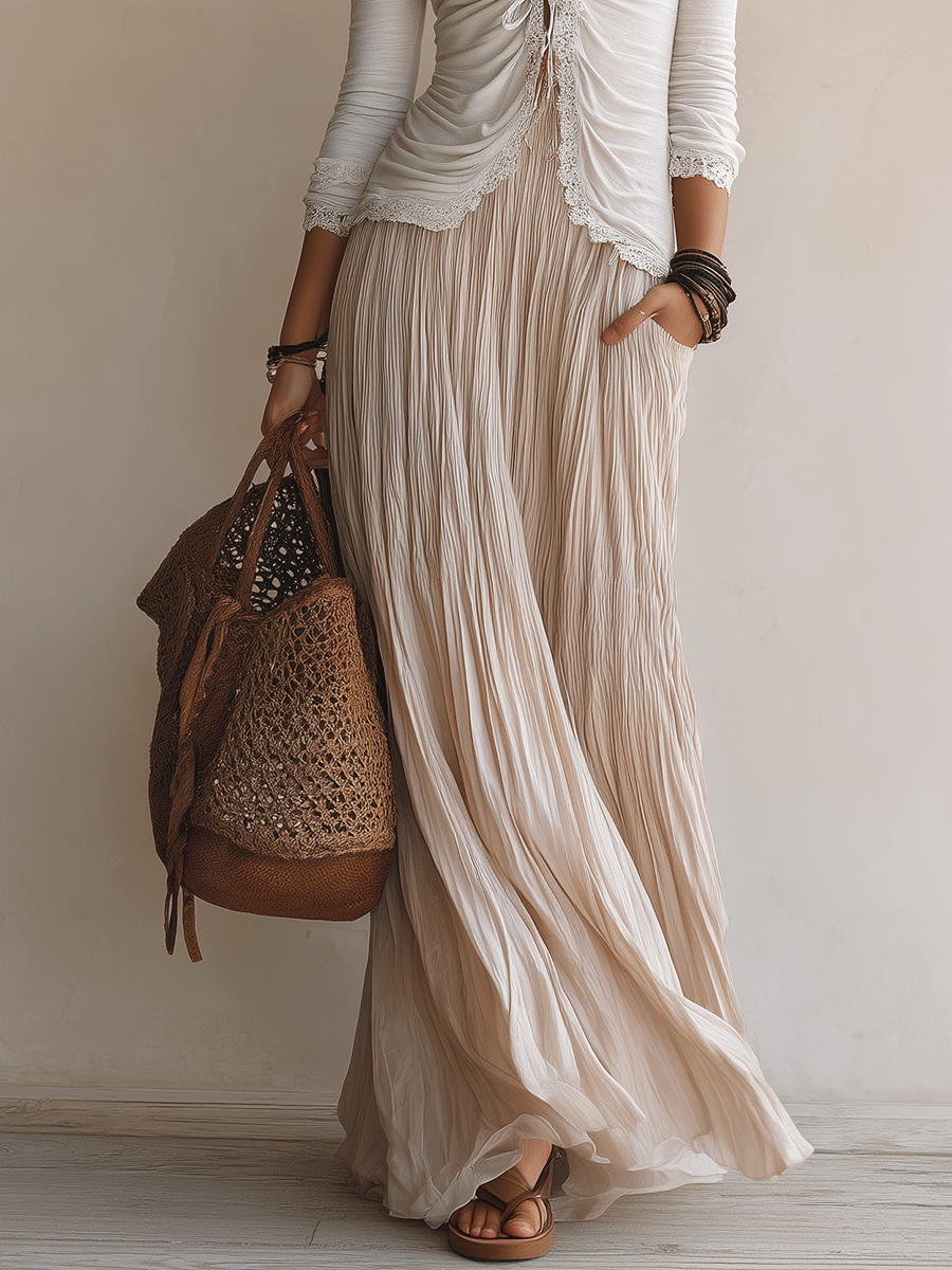 Lace Trim Cream Maxi Skirt Set | Two-Piece Beach Outfit