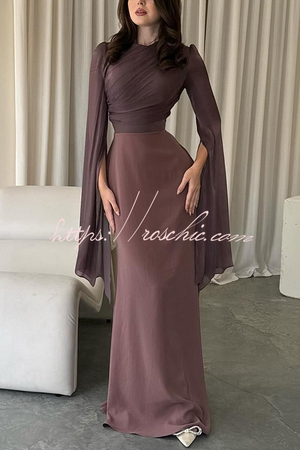 Ruched Organza Satin Patchwork Maxi Dress with Bell Sleeves