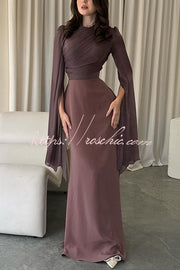 Ruched Organza Satin Patchwork Maxi Dress with Bell Sleeves