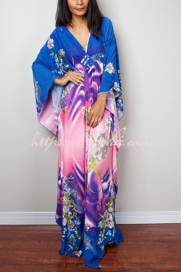Printed Batwing Sleeve Loose Maxi Dress for Vacation