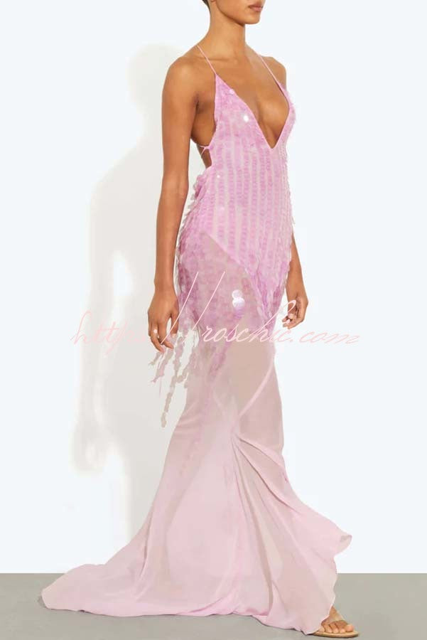 Sequin Embroidered Backless Slip Maxi Dress with Tulle Hem