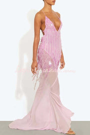 Sequin Embroidered Backless Slip Maxi Dress with Tulle Hem