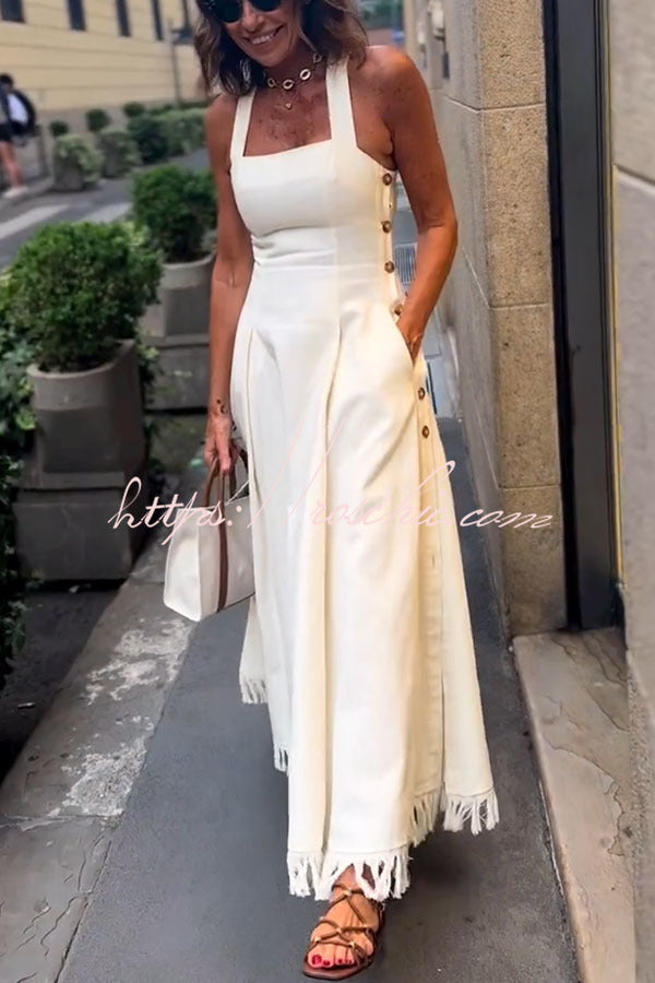 Linen Blend Midi Dress with Square Neck and Tassel Trim