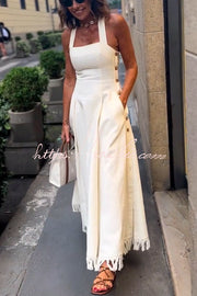Linen Blend Midi Dress with Square Neck and Tassel Trim