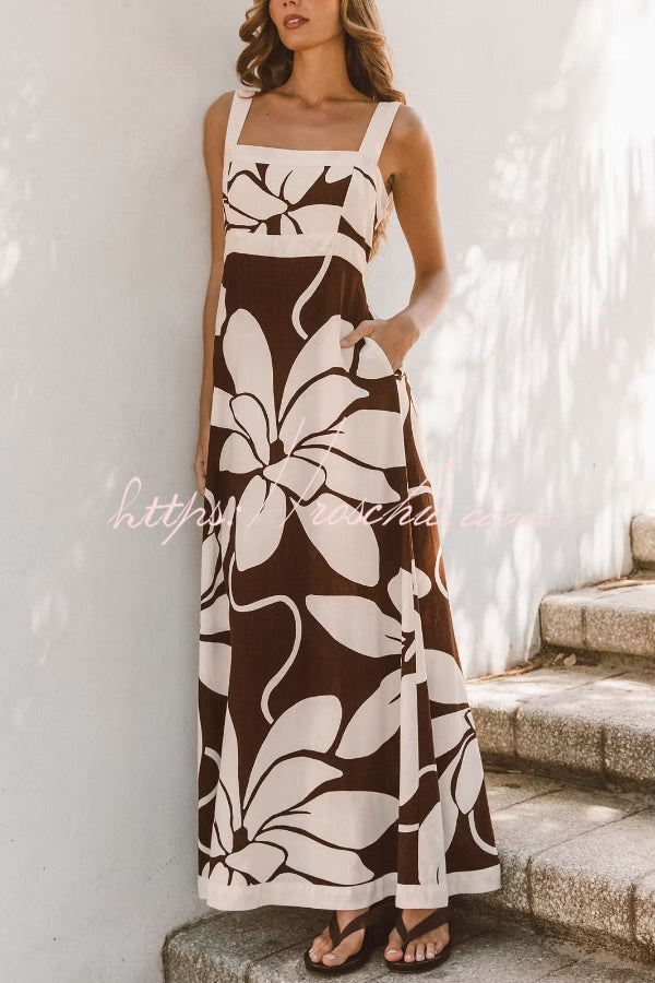 Color-Block Floral Print Square Neck Sleeveless Maxi Dress