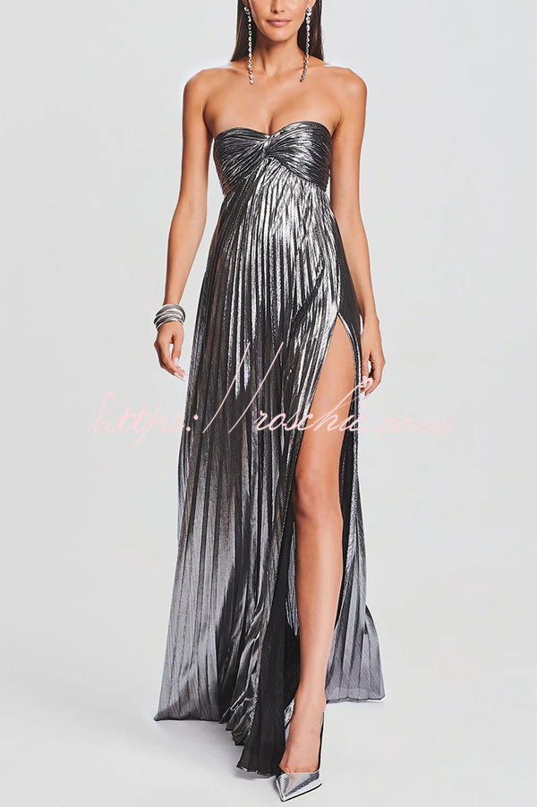 Metallic Pleated Off-Shoulder High Slit Maxi Dress