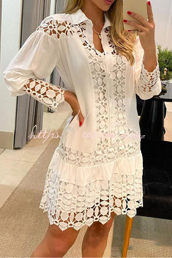 Robe chemise à patch en dentelle guipure – Coupe ample mini