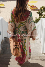 Linen Blend Balloon Sleeve Tie-Up Maxi Dress | Unique Print